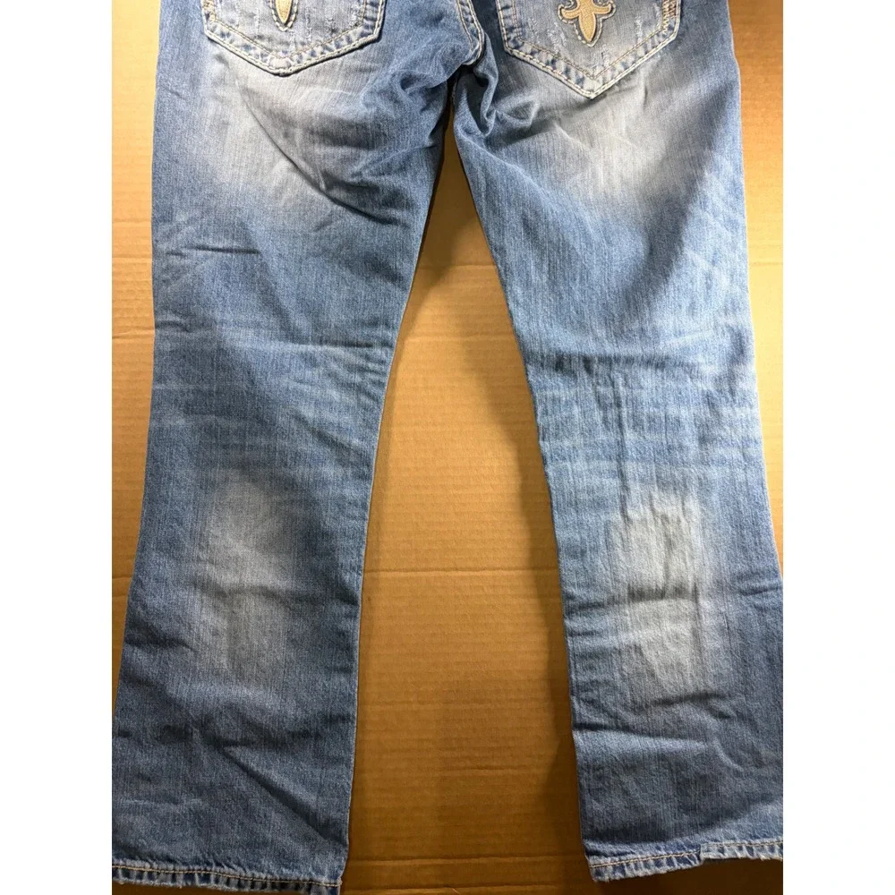 Rock Revival Richie Slim Straight Jeans Mens 34 Blue Distressed‎ Thick Stitch
